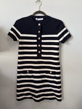 ZARA Striped Knit Mini Dress with Gold Anchor Buttons - Size S